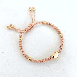 Stainless Steel Golden Puffed Heart Ajustable Macrame Bracelet Tan Beige